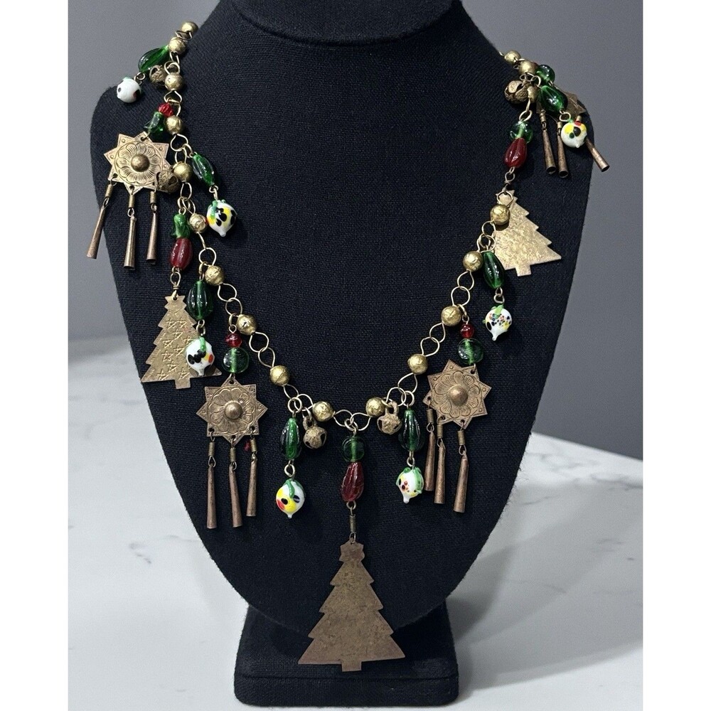 Vintage Brass Christmas Tree Statement Necklace Glass Bead Bell Charm Dangle 27"